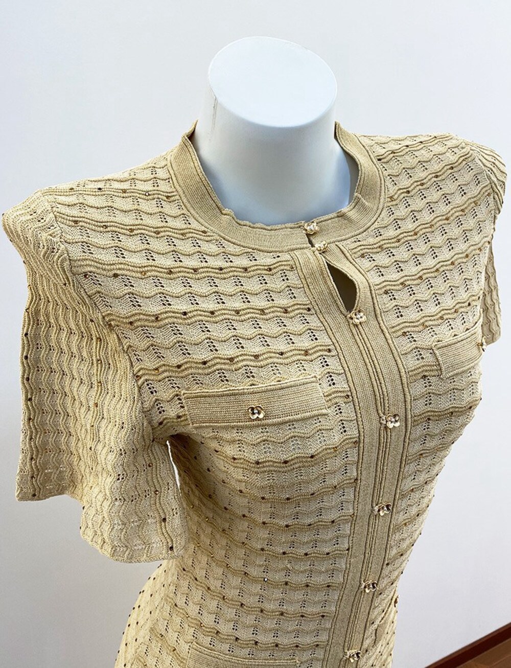 🟡Sandro Yellow Textured Knit Midi Dress Button Front Faux Pockets - Picture 3 of 12